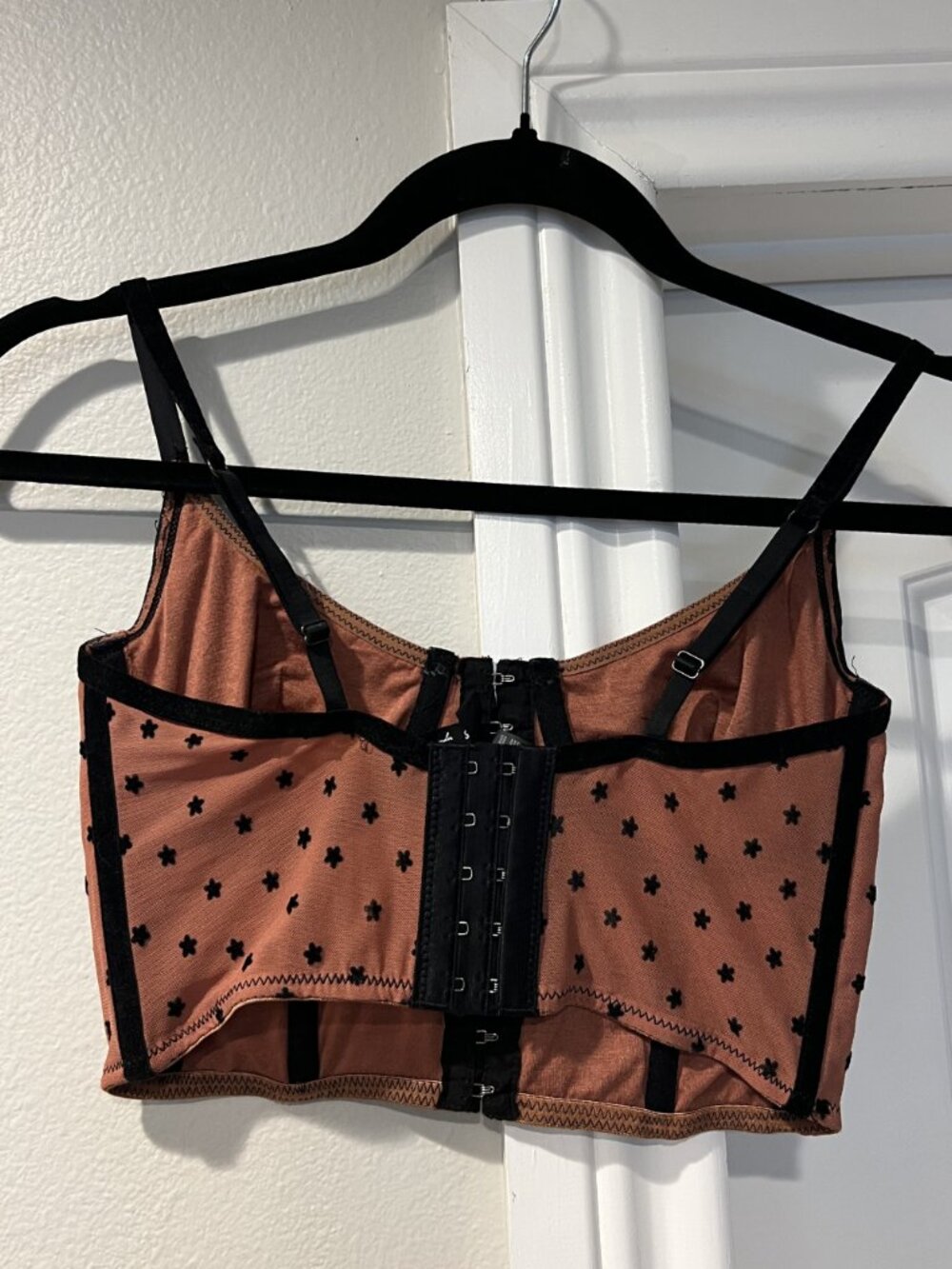 Urban Outfitters Mesh Polka Dot Corset Crop Top Black Pink Size S - Picture 2 of 2